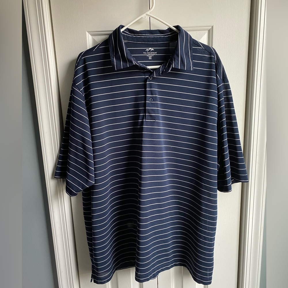 Tri-Mountain Performance Mens Navy White Striped Short Sleeve Polo Size 2XL